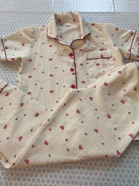Cream Pajama Set with Pink Heart Print and Contrast Piping. Size M